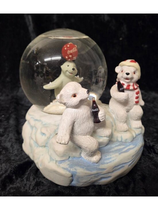 Coca-Cola Polar Bear Cub Snowglobe Seal & Red Balloon On Iceberg Musical